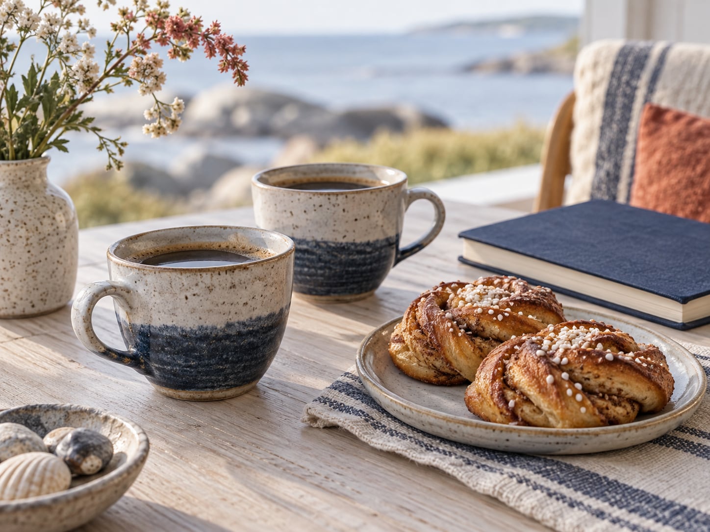 Illustration: kaffe och kanelbullar vid havet