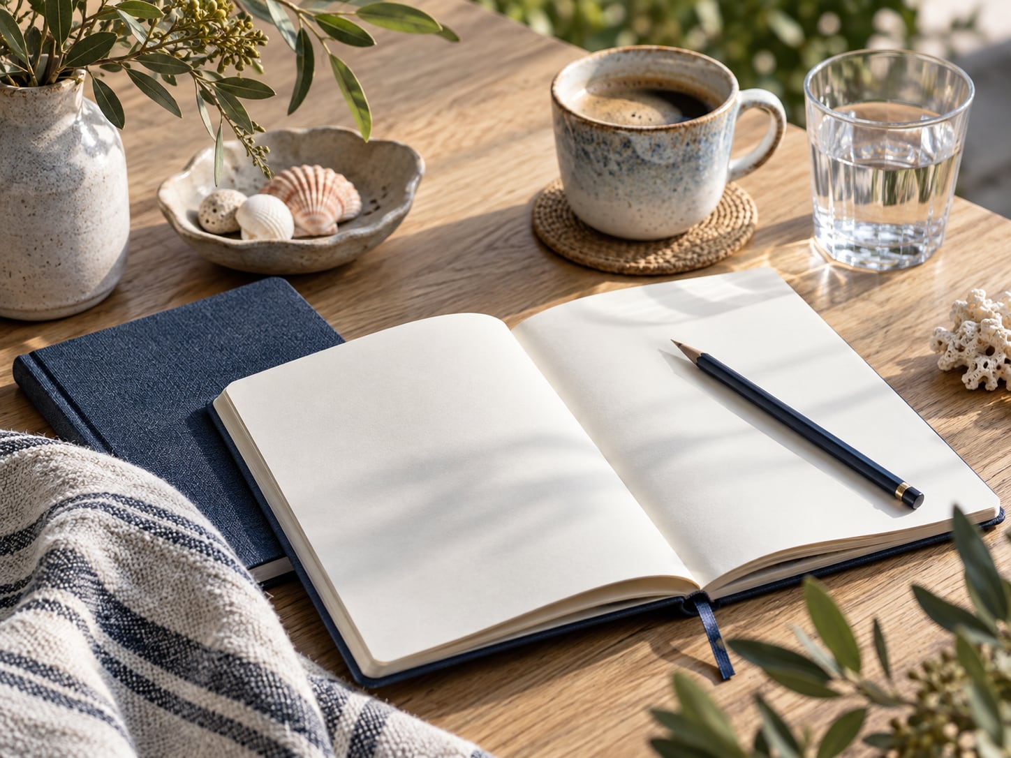 Illustration: anteckningsbok, penna och kaffe