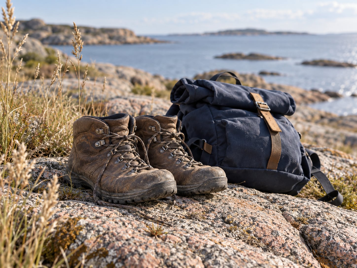 Illustration: vandringskängor och ryggsäck på klippor